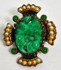 Vintage Art Deco nouveau Gold Tone Green Jade Brooch pin With Seed Pearl Accents