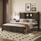 Wood Queen Size Led Platform Bed W  Barn Door Design Headboard  Usb   2 Drawers