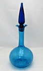 Vintage Blue Crackle Glass Genie Bottle Decanter Teardrop Top Ruffle Rim 13 