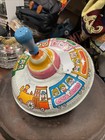 Vintage Tin Toy Spinning Top Ohio Art Train Wood Handle Metal Spinner Spin