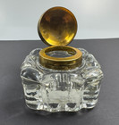 Inkwell Pot Antique Vtg Heavy Cut Thick Glass 1920s 1930s  Hinged Cap Gold Tone