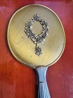 Vintage Gold Toned Vanity Metal Floral Pattern Hand Held Mirror