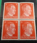 Block Of Four World War 2  Ww2 German 8p Scarce Orange Hitler Head Stamps