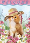  Welcome Cat Kitty With Sunhat Pink And White Flower Garden Flag 12  X 18  