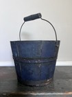 Antique Wood Bale Handle Berry Bucket With Old Blue Paint 5 1 2    Tall