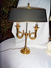 Vintage Brass Bouillotte Lamp 2 Arm Horn Form Black Shade 23   