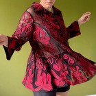 Sheer Black Button Up Blouse Red Floral Applique Funky Goth Whimsical