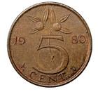 Netherlands 5-cents Coin  1980  Km  181- Bronze -queen Juliana-   free Shipping 