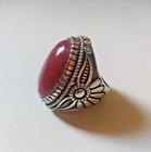 Ancient Victorian Ring Sterling Silver Engraved Natural Carnelian  Stone Size 9