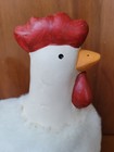 Vtg Chicken Rooster Farmhouse Art Painted White Chalkware  Fur Coated Kitsch See