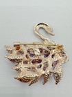 T10-1260 Brooch Gold Tone Pin 1 75  Rhinestone Animal Purple Swan Bird