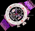 Invicta Mens Aviator Chronograph Silver Case Bezel Black Dial Purple Strap Watch