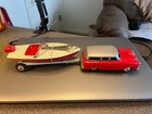 Vintage Tin Japan Friction Car W boat And Trailer  Very Nice