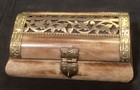  ks-a  Vintage Camel Bone Hinged Trinket Box W  Brass Accents Fabric Lined