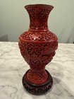 Vintage Chinese Carved Red Cinnabar Lacquer Vase W  Blue Enamel   Wood Stand
