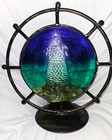 Vintage Stained Glass Lighthouse Gold Metal Tea Candle Votive Holder Blue green