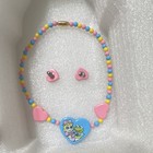 Unisex Kids Multicolor Beaded Heart Necklace   Stud Earrings Jewelry Set