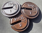 Lot Of 3 Vintage 4in Round Cast Iron Balance Beam Slotted Platform Scale Weights