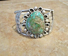 Wide Rustic Old Pawn Navajo Sterling Royston Turquoise Flower Applique Bracelet