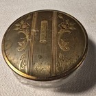 Vintage Cut Glass Vanity Powder Jar With Embossed Brass Lid Floral Art Deco   