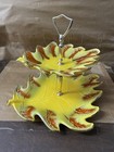 Vintage California Usa 2 Tier Cake Stand   Leaf Shape Design Retro Yellow-rare  