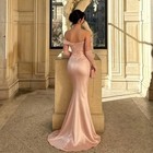 Blush Pink Off Shoulder Satin Mermaid Evening Gown Ruched Formal Prom Maxi Dress