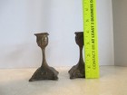 Small Antique Pair Brass Candlesticks  Square Bases Fleur De Lis       B80