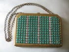 Antique Gold Green Jewel   Rhinestone Coin Holder Card Case Carry All Compact