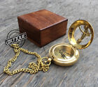 Vintage Nautical Marine Shiny Brass Sundial Chain Compass In Wooden Box Best Gft