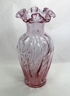 Vintage Fenton Empress Rose Pink Spiral Ruffled Vase 11  W  Price Sticker Mint