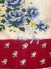 Vintage Hanky 1950s Floral  Red Border  Blue Roses   Buds  Signed Alice Joy  15 