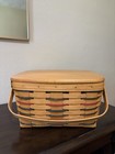 Longaberger Large Basket Set Blue Red Weave Wood Lid Protector Stand Usa