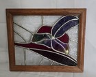 Vintage Stained Glass Art Piece Red Hat Society In Wooden Frame 11 1 2  X 9 1 2 