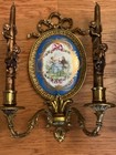 Antique Pr French Bronze   Porcelain Sevres Ribbon Wall Sconce C  19th Century