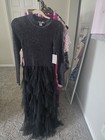 Lark   Grey Black Glitter Tulle Ruffle Maxi Dress Crew Neck Long Sleeve M