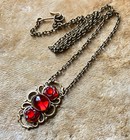 Art Nouveau Necklace Brass Filigree Floral Pendant Red Antique Czech Glass