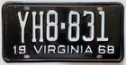 Virginia 1968 License Plate Pair Set Yh8-831 Unused New Old Stock
