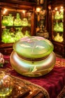 Antique Victorian Glass Powder Jar Vaseline Uranium Trinket Jewelry Box Lily 19c