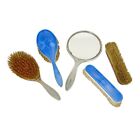 Antique Asprey Art Deco Sterling Silver Blue Guilloch   Enamel Vanity Brush Set