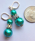 Double Aqua Glass Pearl Ab Rhinestone Earring Sp Leverback Handcrafted Wpgl6