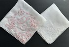 A  2 Vintage Bright White Hankies Madeira Style Hand Embroidered Monogram C