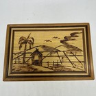 Vintage Small Bamboo Wooden Box  Pyrography Landscape  Hut  Mountain  Lined 4 5   