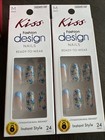 2x kiss Design Ready To Wear Glue Nails medium round blue Flowers new