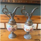 Statement Antique Victorian Spelter   Hand-painted Ceramic Mantel Ewers - A Pair