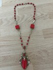 B17  Vintage Art Deco Filigree Brass   Czech  red Glass Drop Necklace - As Is
