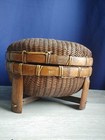 Vintage Asian Natural Wicker Woven Storage Basket With Lid