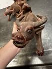 Pair Of Antique Chinese Carved Wood Water Buffalo Ox Children Rider Statues Qing