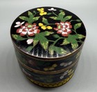 Vintage Cloisonne Style Enamel Floral Brass Trinket Box Black Round Lidded