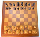 Vintage 1970 s Era Wood Chess Set 3 1 4  King   Wood Inlay Board