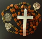 Vintage Rosary Brown Wood Beads With Two Attached Medals Catholic Mary Fourviere